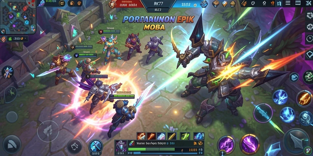 Tangkapan layar RK77 menunjukkan pertempuran tim yang dinamis dalam gameplay MOBA.