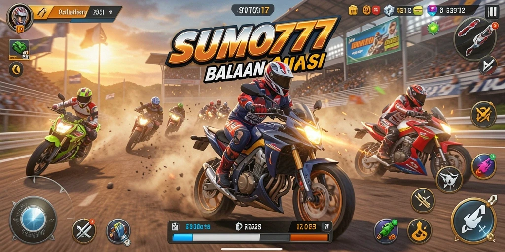 Tampilan gameplay balapan motor yang menegangkan di SUMO777.