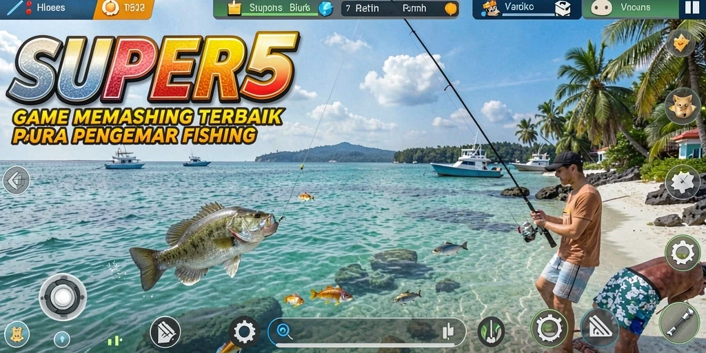 Screenshot gameplay SUPER5 yang menampilkan aksi memancing di perairan yang indah.