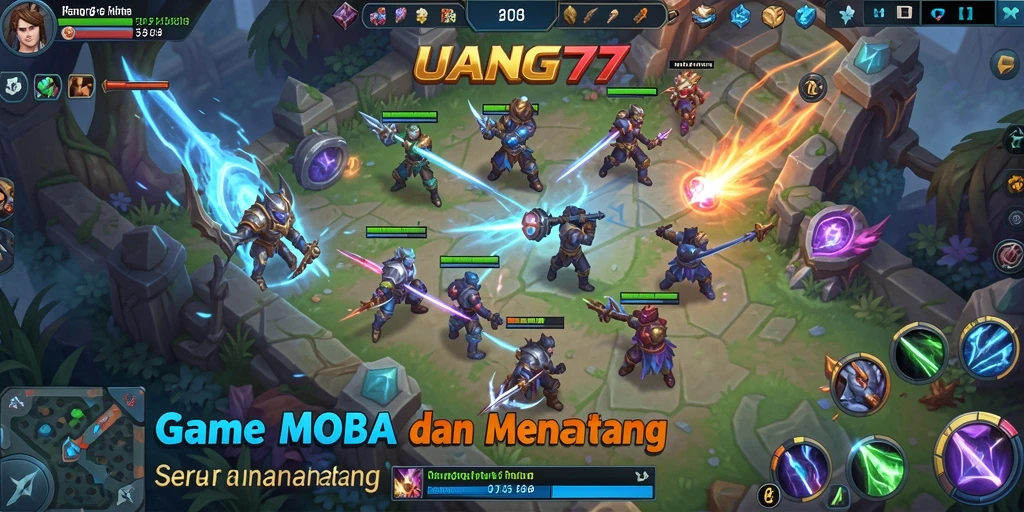 Screenshot menampilkan pertarungan MOBA yang seru di UANG77.